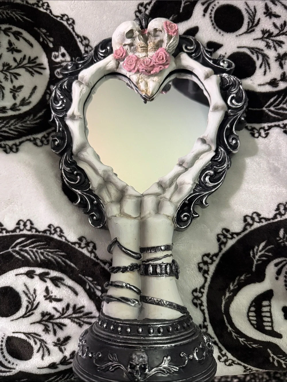 Gothic Heart Skeleton Mirror with Pink Rose Accent